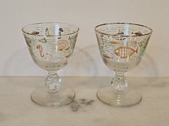 (2) Rare MCM Libbey Atomic MARINE LIFE Cordial/Wine Glasses Textured raised