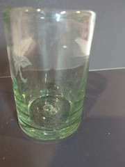 Handmade Thick Green Drinking Glass Etched Leaf Vtg