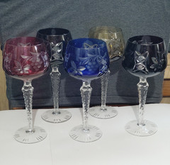 Unmarked Set of 5 Multicolor Cut & Etched Grapevine Pattern Wine Glasses