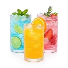 Hobnail Highball Glasses Set of 8, Textured Embossed Beaded Design, 15.2 oz