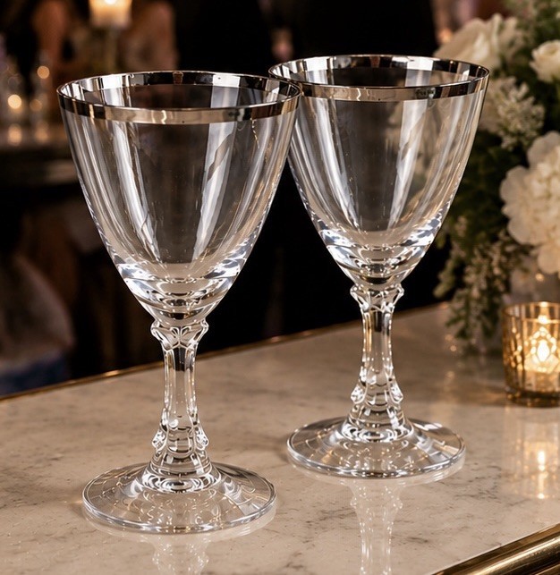 VTG Fostoria Platinum Ring Rim Crystal Martini Bar Glass MCM Set 2 Wedding Gift