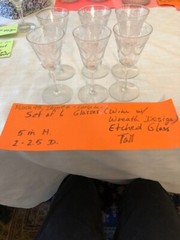 One Set of 6 Etched Wine Glasses with Wreath Design