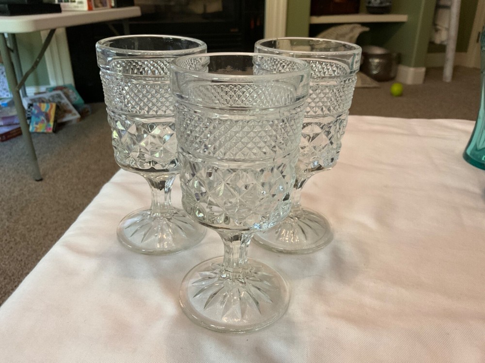 3 Vintage Anchor Hocking Wexford Wine Juice Goblets 5 3/8″ Tall Clear Glass