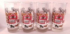 Vintage Clear 14 oz. Beverage Glasses w/ Screen-printed Winter Scene. 6.25″ HTF