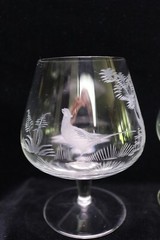 4 Brandy Glasses Etched Wild Life Deer Stag Doe Birds Pheasant Grey Cut Crystal