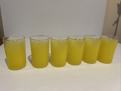Set 6 MCM Blendo SUNNY Yellow JUICE GLASSES Gold Rim Vintage Frosted 3 3/4″
