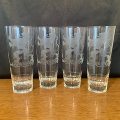 Lotus Sky Ball Leo Etched Highball Tumblers Set of 4 Art Deco Glassware