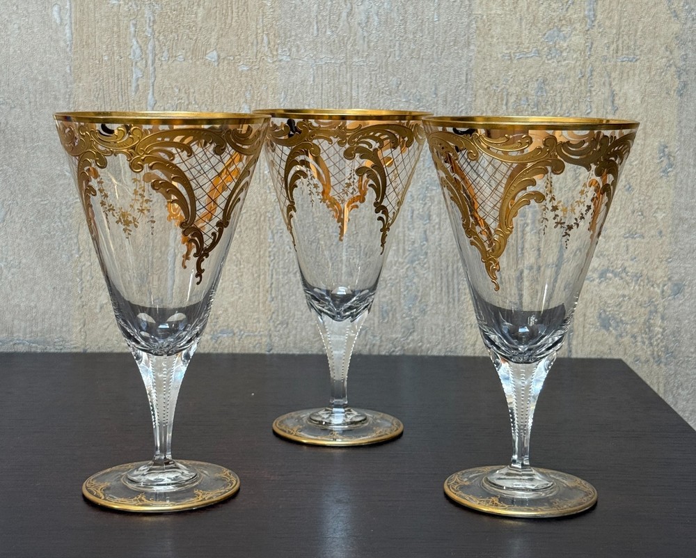Vintage Bohemian Style Crystal Goblet Gold Encrusted Ornate Scrollwork Set of 3