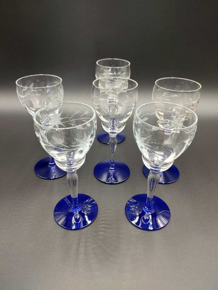 6 Weston Cordial Sherry Glasses Blue Footed 5.5″ Etched Starflower WGL45 Vintage
