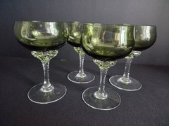 Vtg Sasaki Coronation Green Crystal Wine Glasses (4) Twisted Stem #3