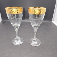PASABAHCE 22kt Gold Rim Circle Art Glass 7″ Swirl Rim Wine Glasses x2 Turkey