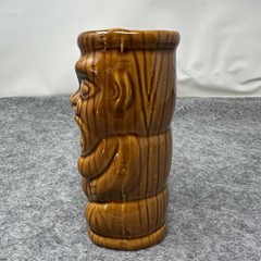 Ceramic Tiki Mug Brown Woodgrain Double Face Polynesian Hawaiian Tiki Bar 7in