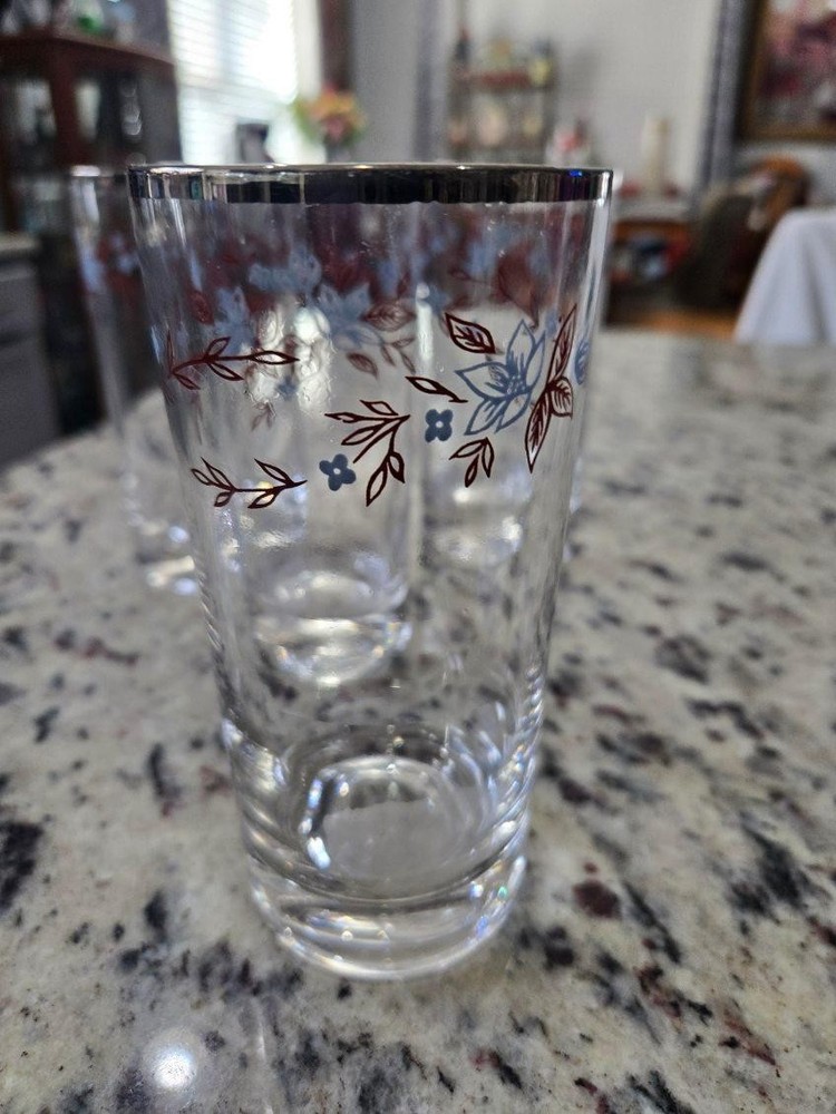 Vintage Mid Century Modern Tumblers – 4 Weighted Botton Clear with Blue Flowers