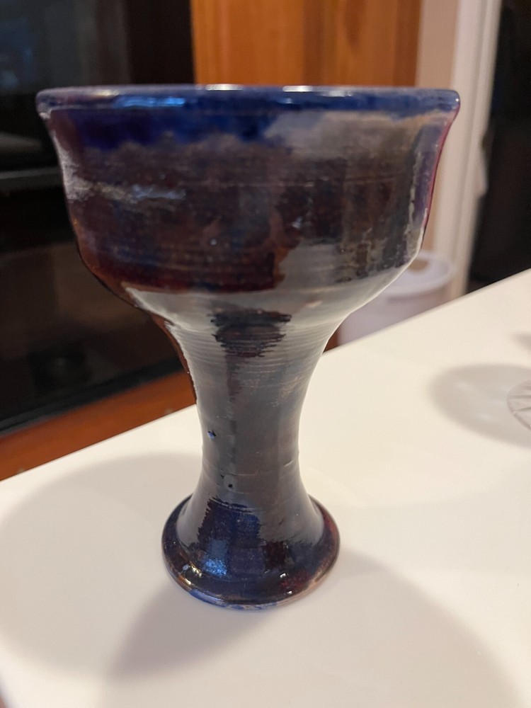 Vintage Handmade Blue and Brown Pottery Ceramic Wine Glass Chalice Goblet (6″)