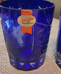 Anna Hütte Cobalt Blue Hand Cut Crystal Floral Tumblers Set of 2 4in Germany