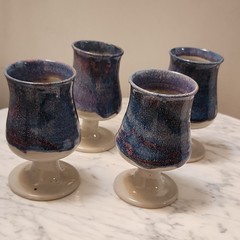 Handmade Ceramic Art Pottery Goblets Blue Beige Red Set of 4 Decorative