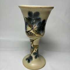 Art Pottery Chalice Wine Goblets Beige Blue Floral Artist Signed Set of 2