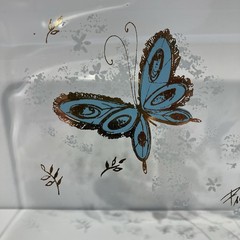 VTG Psyche MCM Turquoise Gold Butterfly Glass Serving Tray Rectangular 13.5″