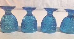 Set 4 Mini Ice Blue Goblets Pressed Glasses Diamond Cut Pattern 2.1/2 inches VTG