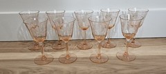 Set 9 RARE GORGEOUS Vintage Stemed Pink Depression Cordial Glass Needle Etched.