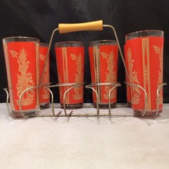 6 MCM 1960’s Culvers Red & Gold Siam Thai Goddess 8 High Ball Glasses 6.25” Tall
