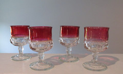 Four 4oz Tiffin-Franciscan King’s Crown Cranberry Top Flashed Juice Wines 4-3/8″