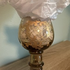 Moser Style Amber Bock Glass With Enameled Gold And Beehive Trumpet Stem 7.5”