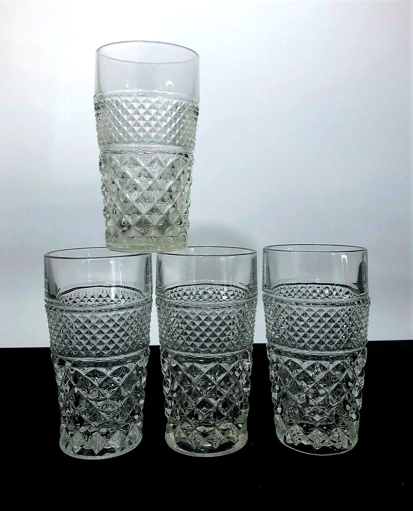 4 Anchor Hocking Wexford Beverage Tumblers 11oz Diamond 5 1/2″ Drinking Glasses