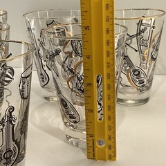 Six Libby glasses musical instruments black/white gold rim MCM retro Barware