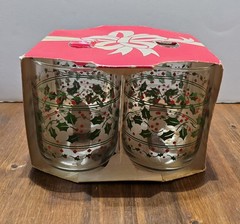 4 Libbey Glass Christmas Holly Berry Tumblers Rocks Drinking Glasses Vintage