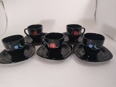 Arocoroc France Black Glass Poppy Demitasse Cups & saucers Vintage 5sets