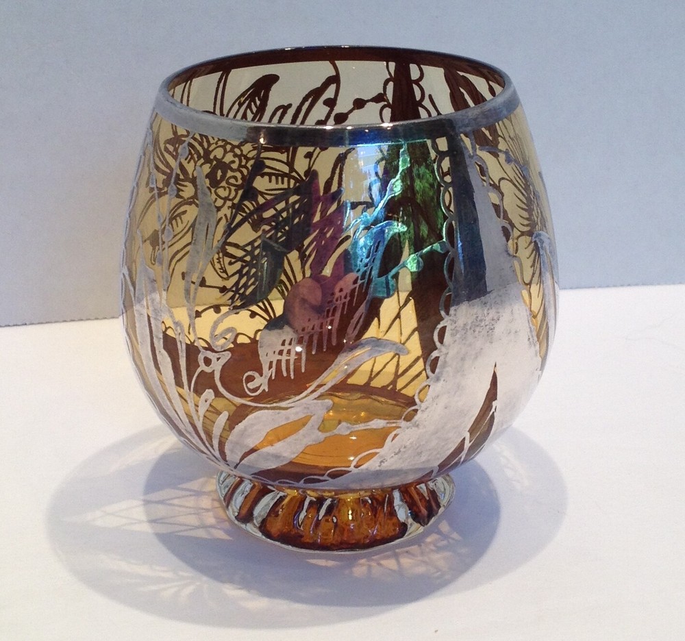 VTG Unique Amber Roly Poly with Silver overlay. Liquor snifter/tea light holder