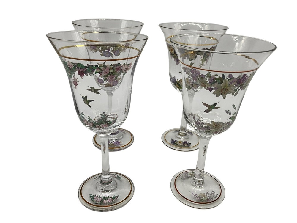 Wine Glasses by Lena Lui Stunning Set of 4 Sparkling Bouquets Hand Painted