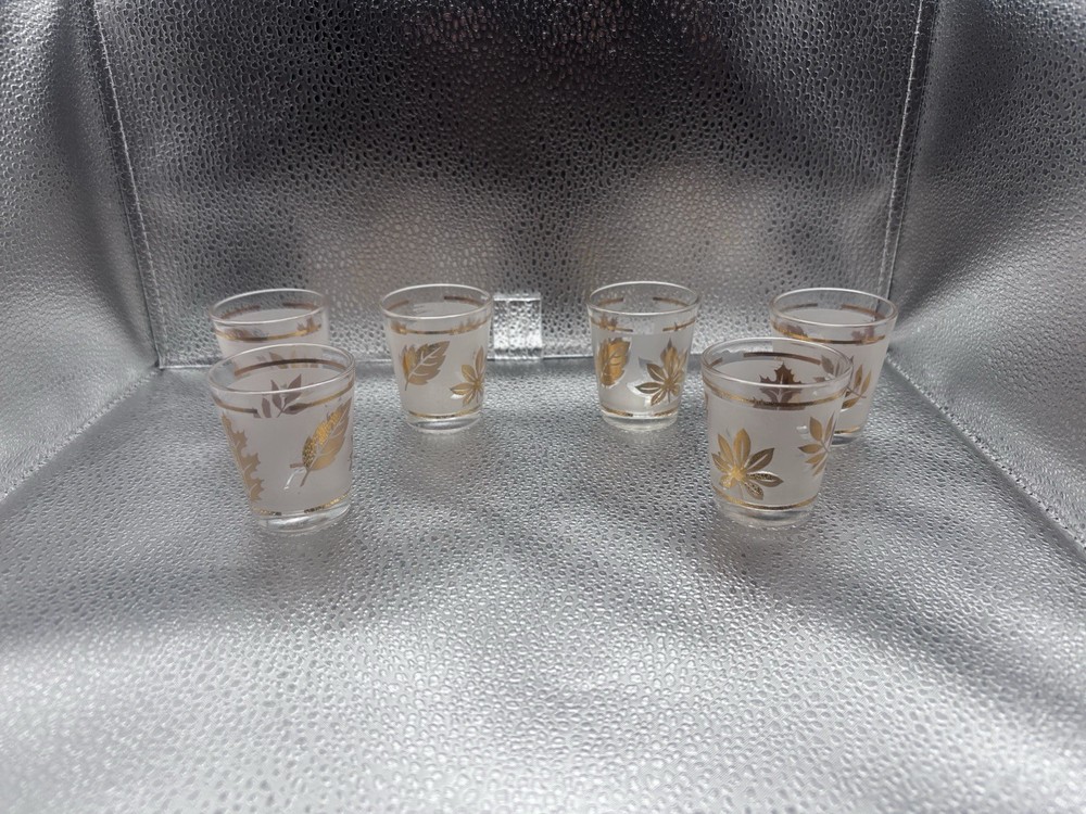 Vintage Libbey Golden Foliage Frosted Gold Leaf Shot Cordial Glasses Set 6