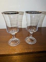 Pristine Pair Vtg. Fostoria Platinum Trim 5.75″ Goblets Misty Clear Claret Wine