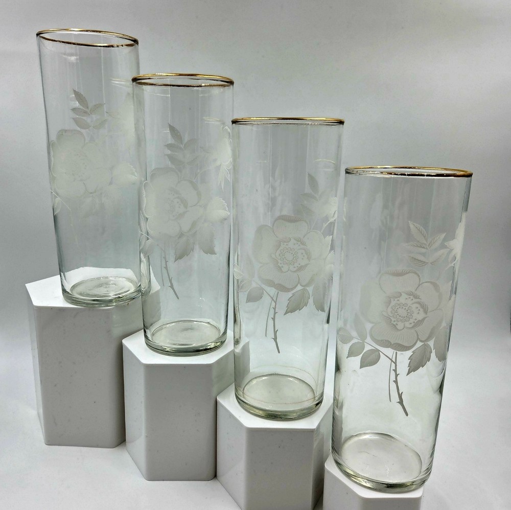 Etched Rose Floral Design with Gold Rim Set of 4 Tall Drink Glass