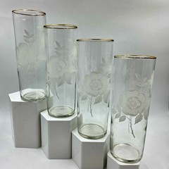 Etched Rose Floral Design with Gold Rim Set of 4 Tall Drink Glass
