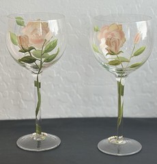2 Block Vintage Rose Balloon Wine Glasses Mix Set Floral Hand Painted Flower Lot