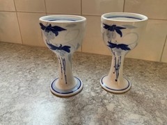 Cobalt Blue And White Porcelain Goblet/Wine/Saki Cups With Floral Design