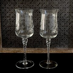 2 Vintage Etched Wine Glasses Crystal Hand Blown Fuchsia Flower Twist Stem