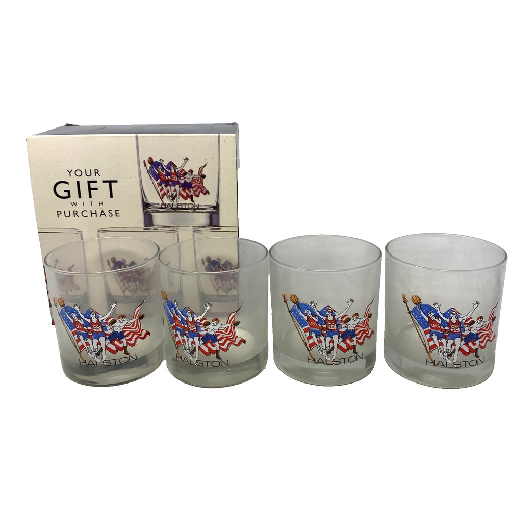 Vintage 1992 Halston Lowball Set of 4 Whiskey BarWare Glasses American Classic