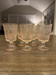 Vintage Set of 6 Tiara Indiana Glass Pink Bunny Hobnail Goblets Footed Stemware