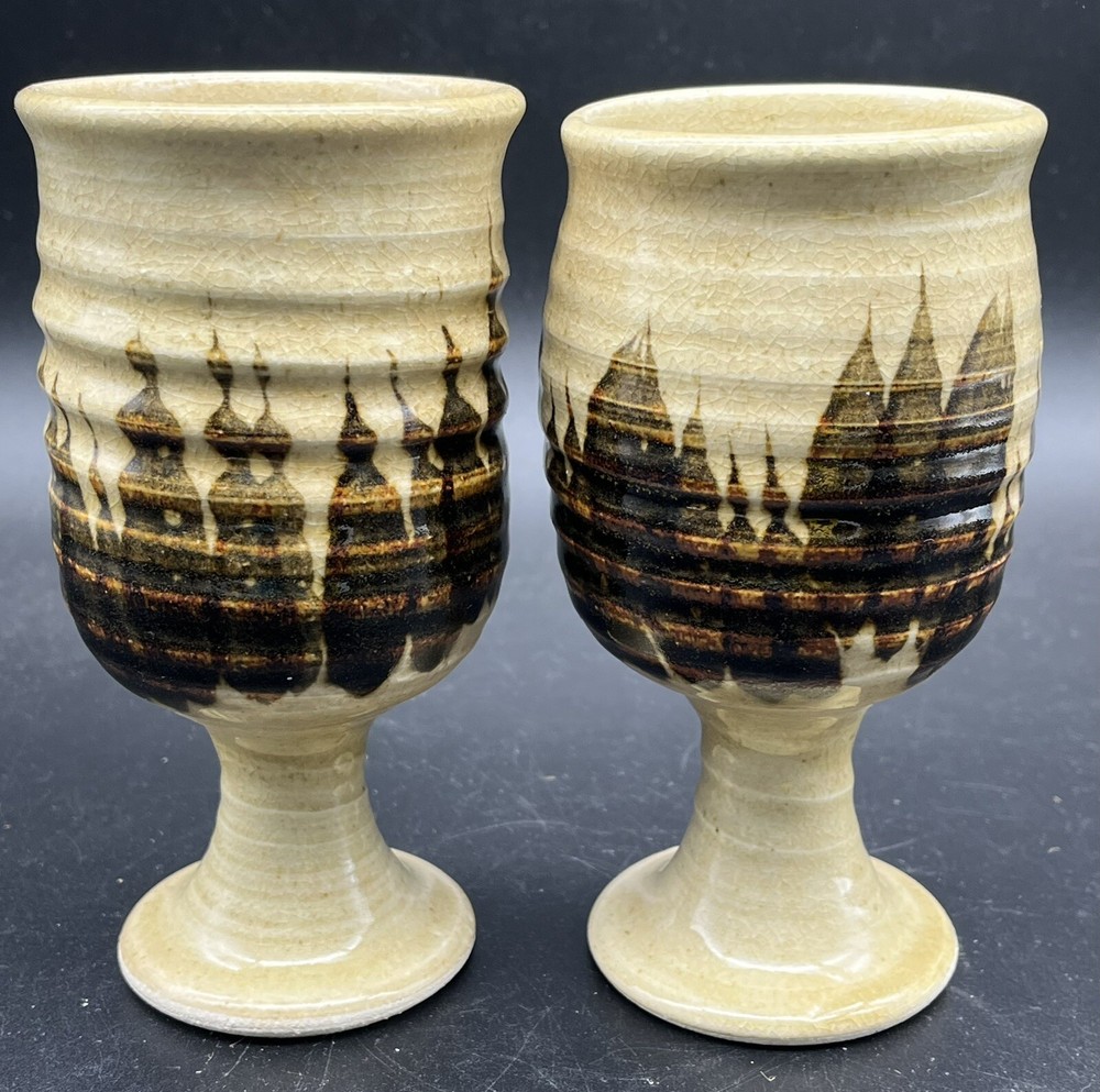 Two Studio Art Pottery Wine Water Goblets Artist Signed Matching Cream & Brown