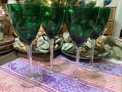 4 PCs MURANO Art Glass Emerald & Clear Ribbed Stem Work Fine Red Wine Glass T70