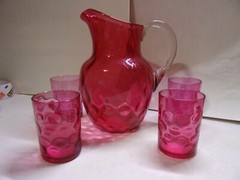 Antique, Victorian, 5 Pc., Cranberry Thumbprint, Art Glass Water Set
