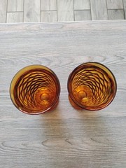 2 Indiana Whitehall Amber Cubist Pedestal Tumbler Glassware 6 inch