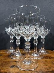 6 CRISTAL DE PARIS Cut Crystal Wine Glasses 6 7/8″ Multi-sided Stem 3″ Rim