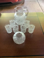 Clear Frosted Glass Drinkware Set Pitcher Tumblers Bowl with Raised Ivy Leaf