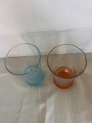 Pair (2) Fiesta 3-Ring Base Bottom 12 Oz. Glasses- Orange & Blue- Frosted Logo