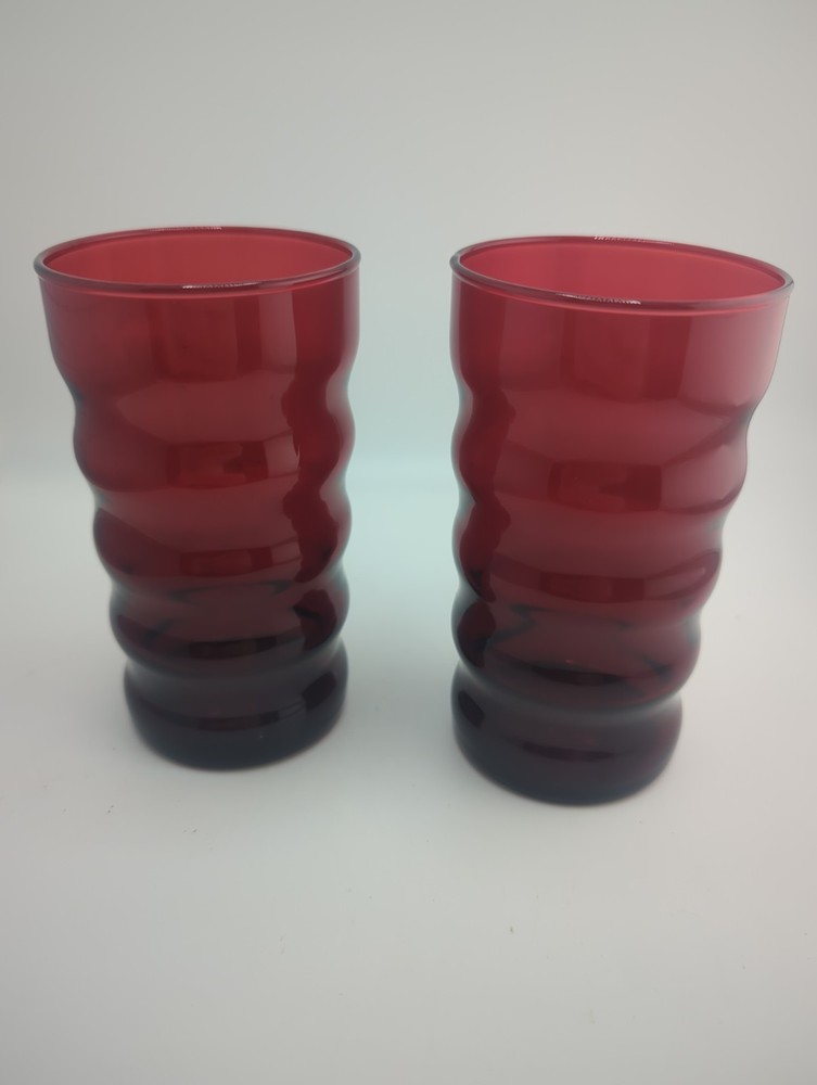 2 VTG MCM Anchor Hocking Royal Ruby Red Glass Wavy Ribbed 8oz Drinking Tumblers